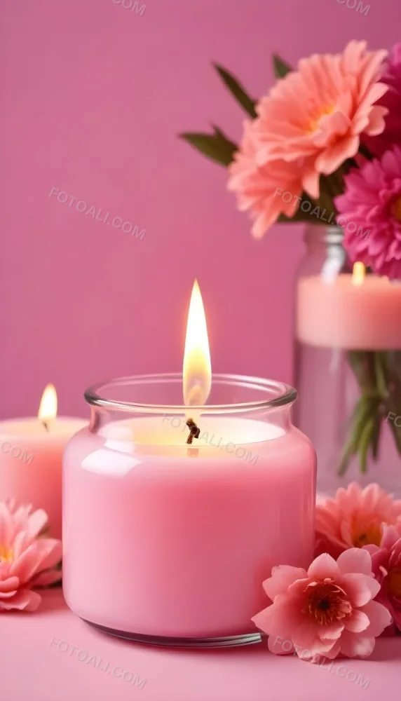 A Pink Candle In A Glass Jar With A Bright Flame Surrounded By Pink Flowers On A Pink Background 7 568e