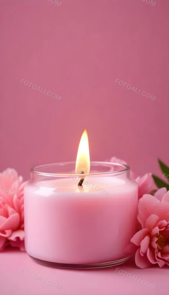 A Pink Candle In A Glass Jar With A Bright Flame Surrounded By Pink Flowers On A Pink Background 8 4780