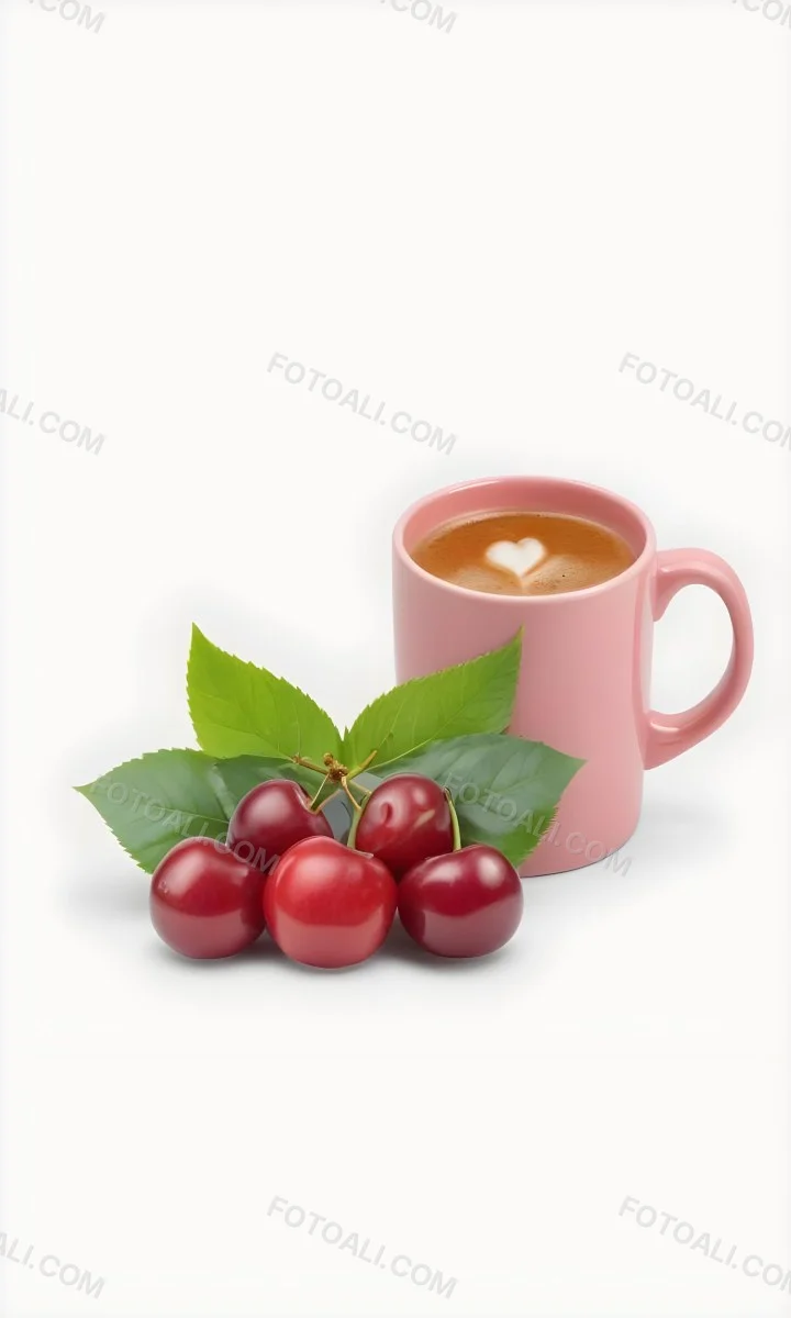 A Pink Ceramic Mug Filled With A Hot Beverage Likely Coffee Next To A Cluster Of Fresh Red Cherries With Green Leaves 5