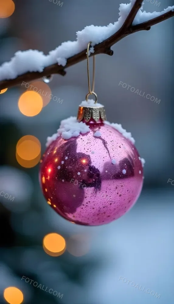 A Pink Christmas Ball With Glitter Hanging From A Snowy Branch Bokeh Lights In The Background 11 68c8