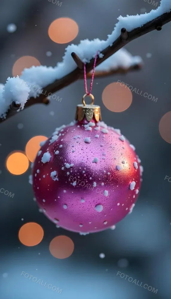 A Pink Christmas Ball With Glitter Hanging From A Snowy Branch Bokeh Lights In The Background 2 Dc1e