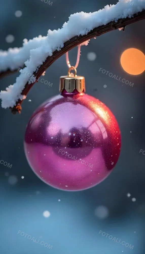 A Pink Christmas Ball With Glitter Hanging From A Snowy Branch Bokeh Lights In The Background 23 B8e8