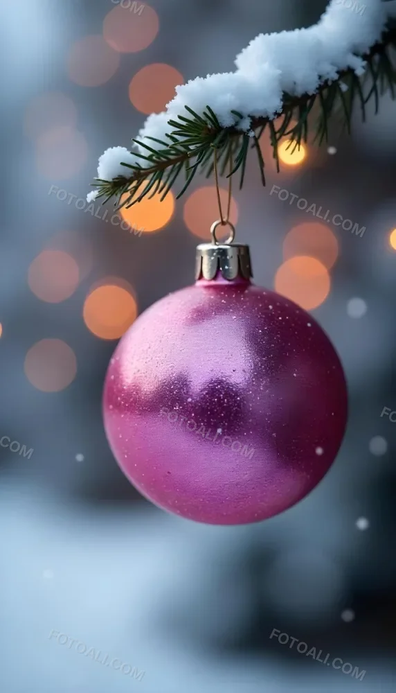 A Pink Christmas Ball With Glitter Hanging From A Snowy Branch Bokeh Lights In The Background 29 Becf