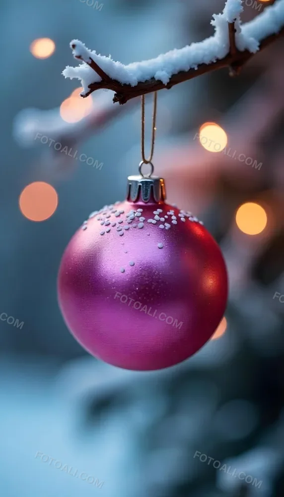 A Pink Christmas Ball With Glitter Hanging From A Snowy Branch Bokeh Lights In The Background 37 8d1e