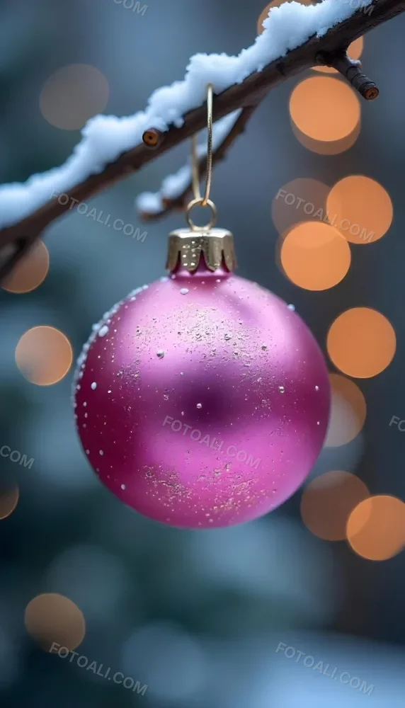 A Pink Christmas Ball With Glitter Hanging From A Snowy Branch Bokeh Lights In The Background 38 5d58