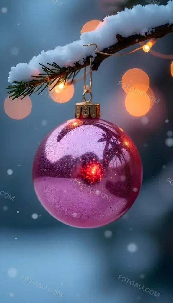A Pink Christmas Ball With Glitter Hanging From A Snowy Branch Bokeh Lights In The Background 39 4eab