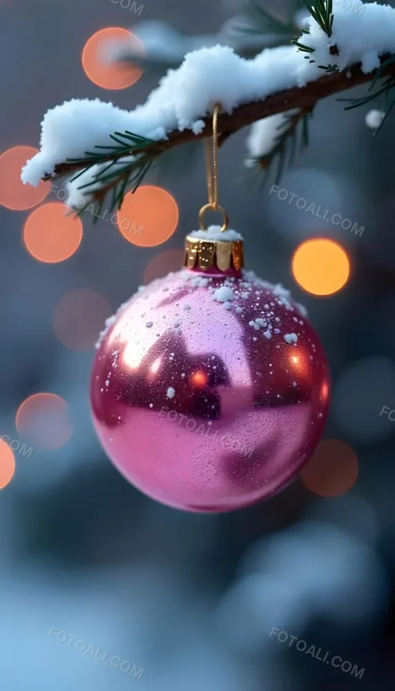 A Pink Christmas Ball With Glitter Hanging From A Snowy Branch Bokeh Lights In The Background 41 De30