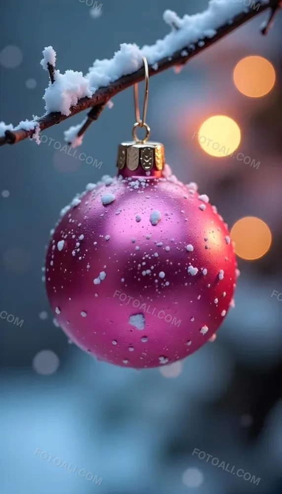 A Pink Christmas Ball With Glitter Hanging From A Snowy Branch Bokeh Lights In The Background 5 08cd