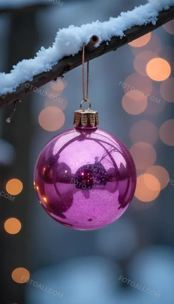 A Pink Christmas Ball With Glitter Hanging From A Snowy Branch Bokeh Lights In The Background 6 Fe0e