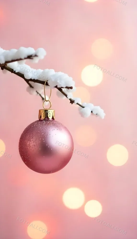A Pink Christmas Ball With Glitter Hanging From A Snowy Branch Bokeh Lights In The Background 7 4a89