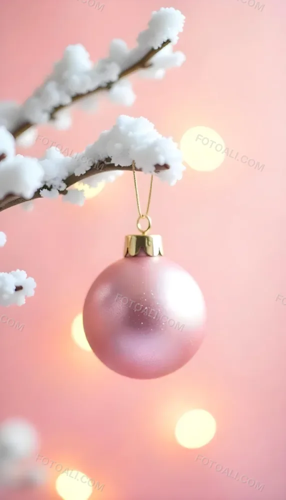 A Pink Christmas Ball With Glitter Hanging From A Snowy Branch Bokeh Lights In The Background 9 Edce