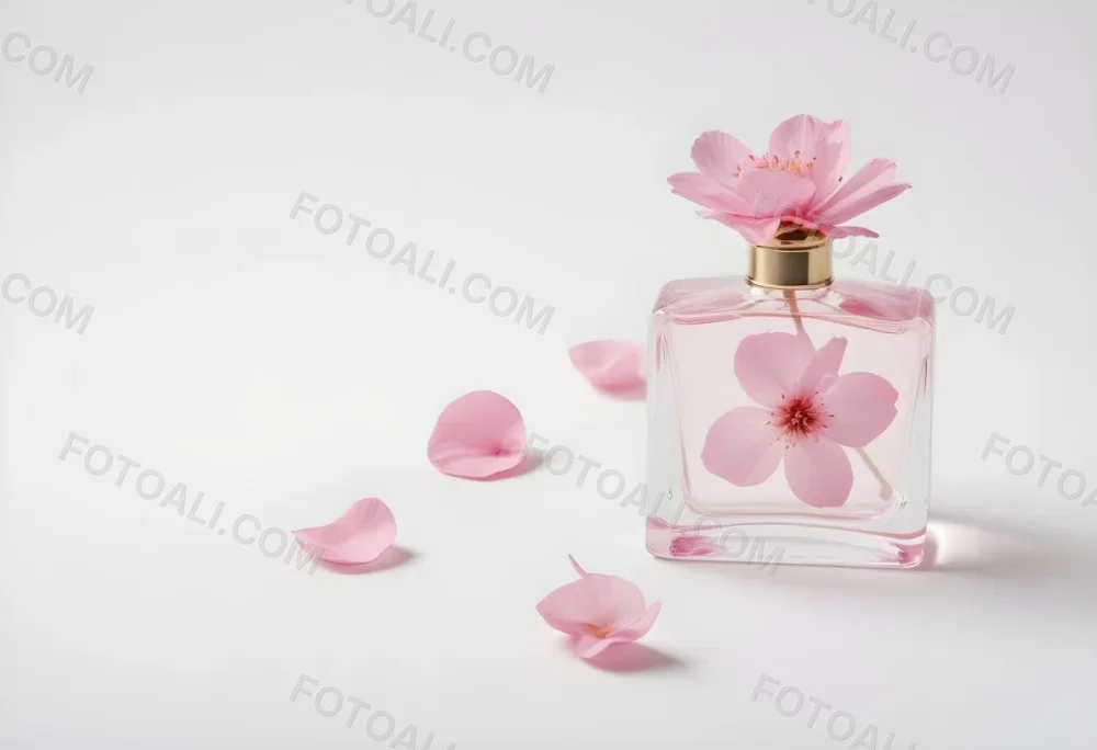 A Pink Flower Inside A Glass Perfume Bottle With Some Petals Around It On A White Background 23 2469