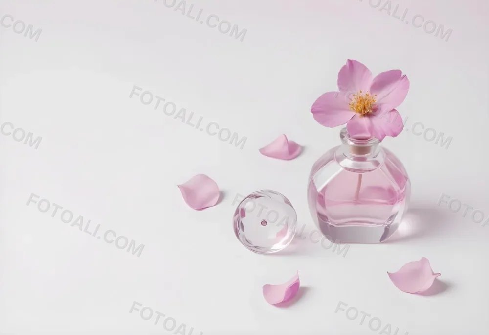 A Pink Flower Inside A Glass Perfume Bottle With Some Petals Around It On A White Background 26 Efa7