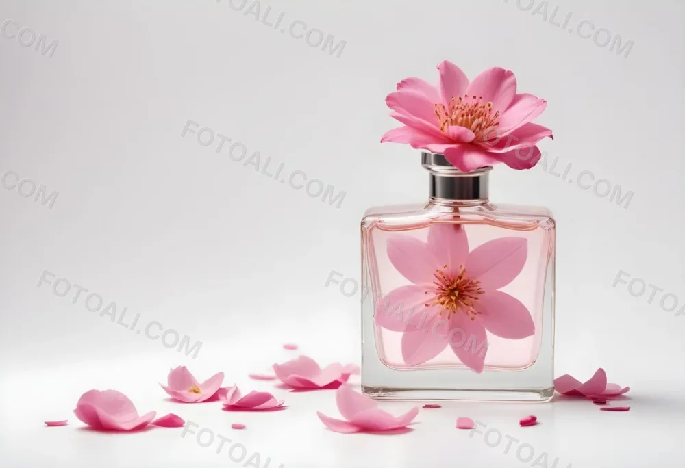 A Pink Flower Inside A Glass Perfume Bottle With Some Petals Around It On A White Background 27 Ce05