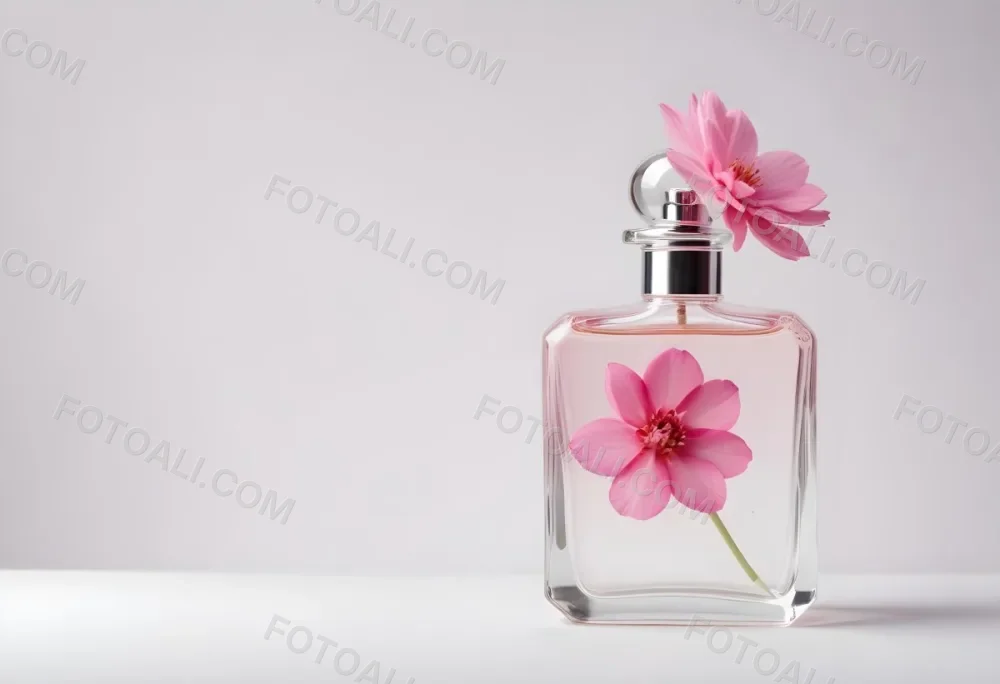 A Pink Flower Inside A Glass Perfume Bottle With Some Petals Around It On A White Background 28 21be