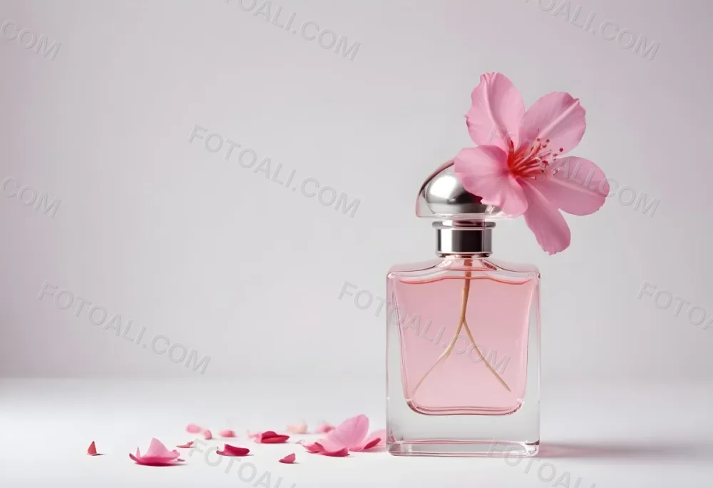 A Pink Flower Inside A Glass Perfume Bottle With Some Petals Around It On A White Background 4 8b73