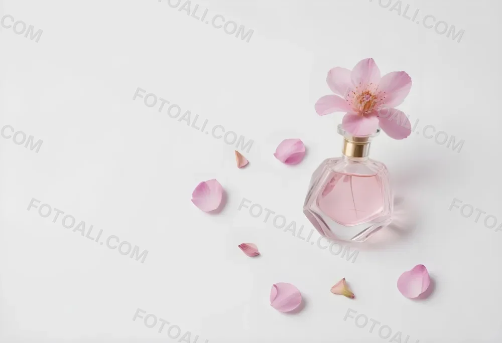 A Pink Flower Inside A Glass Perfume Bottle With Some Petals Around It On A White Background 47 5116