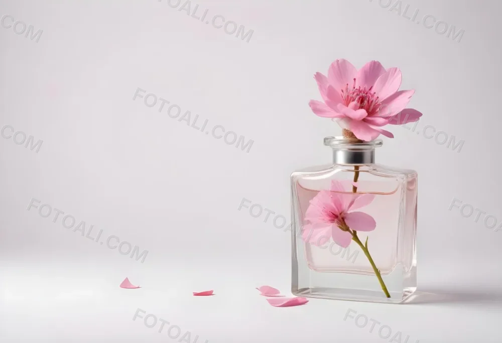 A Pink Flower Inside A Glass Perfume Bottle With Some Petals Around It On A White Background 51 6972