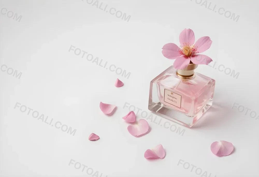 A Pink Flower Inside A Glass Perfume Bottle With Some Petals Around It On A White Background 56 350e