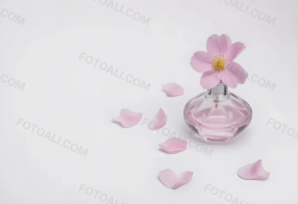 A Pink Flower Inside A Glass Perfume Bottle With Some Petals Around It On A White Background 60 2c5a