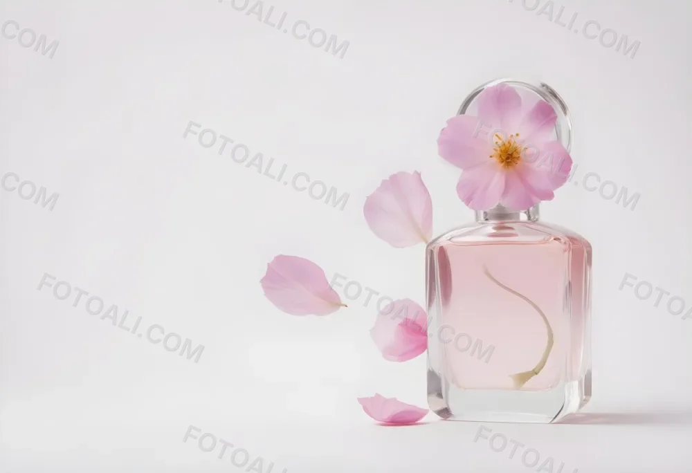 A Pink Flower Inside A Glass Perfume Bottle With Some Petals Around It On A White Background 66 1d9c