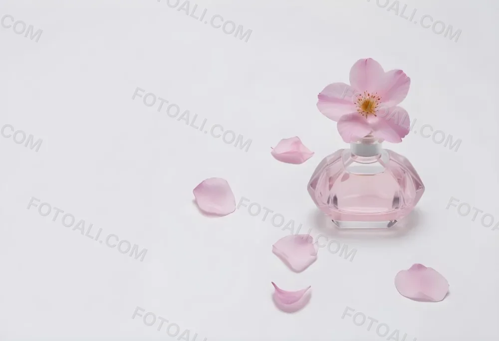 A Pink Flower Inside A Glass Perfume Bottle With Some Petals Around It On A White Background 69 C2ee