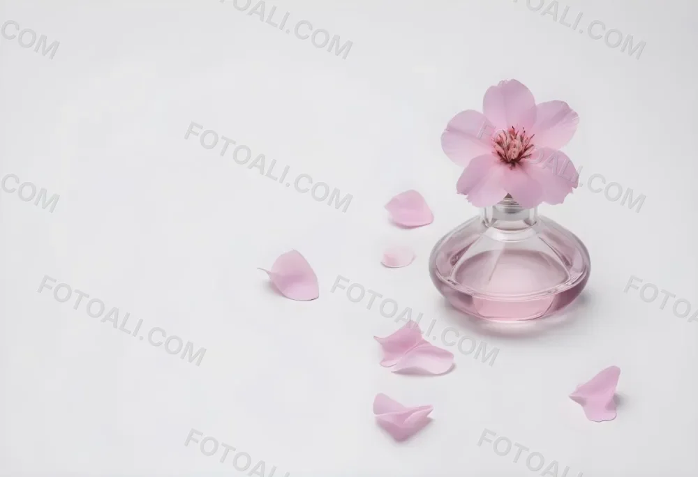 A Pink Flower Inside A Glass Perfume Bottle With Some Petals Around It On A White Background 70 F799