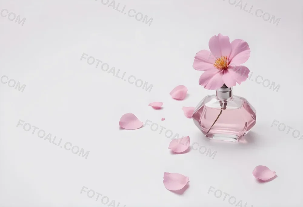 A Pink Flower Inside A Glass Perfume Bottle With Some Petals Around It On A White Background 8 53c5