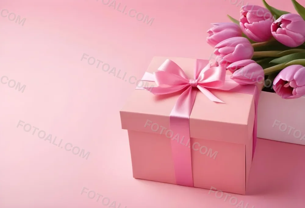 A Pink Gift Box With A Pink Ribbon And Purple Tulips On A Pink Background 16 2a81