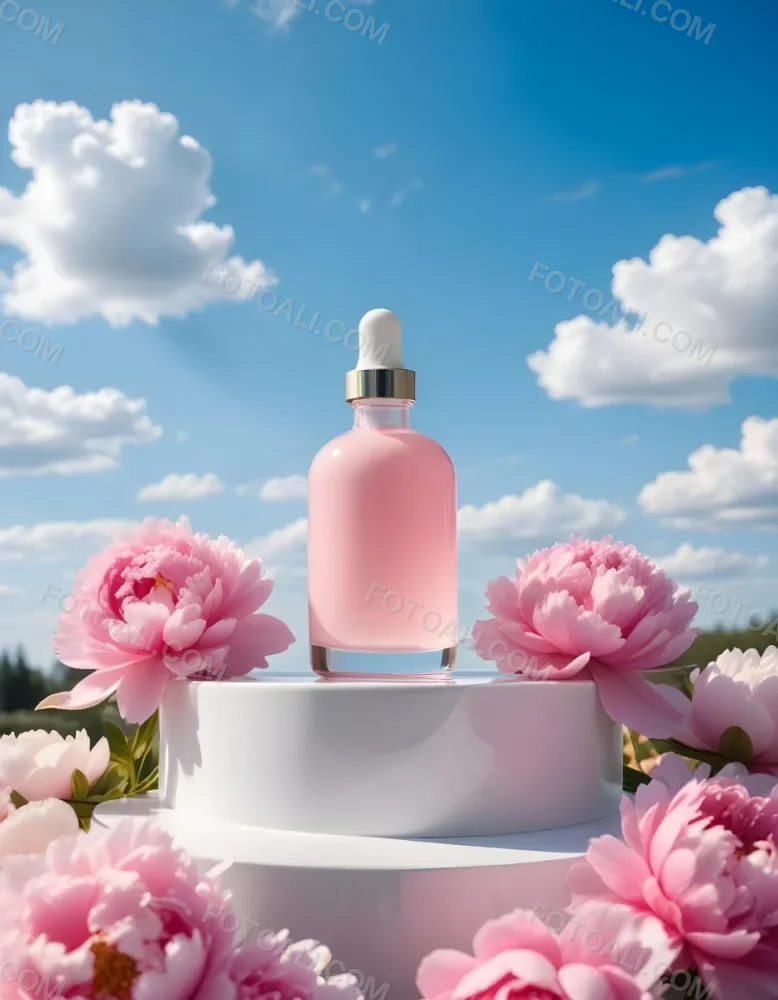 A Pink Glass Bottle With A Dropper Sits On A White Pedestal Surrounded By Pink Peonies Against A Blue Sky With Fluffy White Clouds 17 3b4c