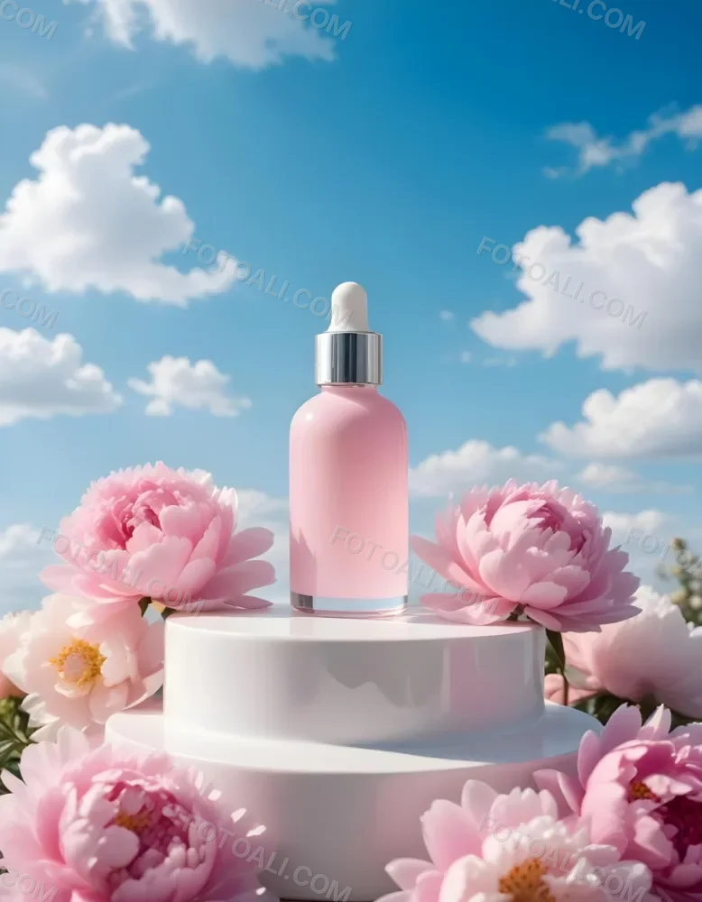 A Pink Glass Bottle With A Dropper Sits On A White Pedestal Surrounded By Pink Peonies Against A Blue Sky With Fluffy White Clouds 26 6756