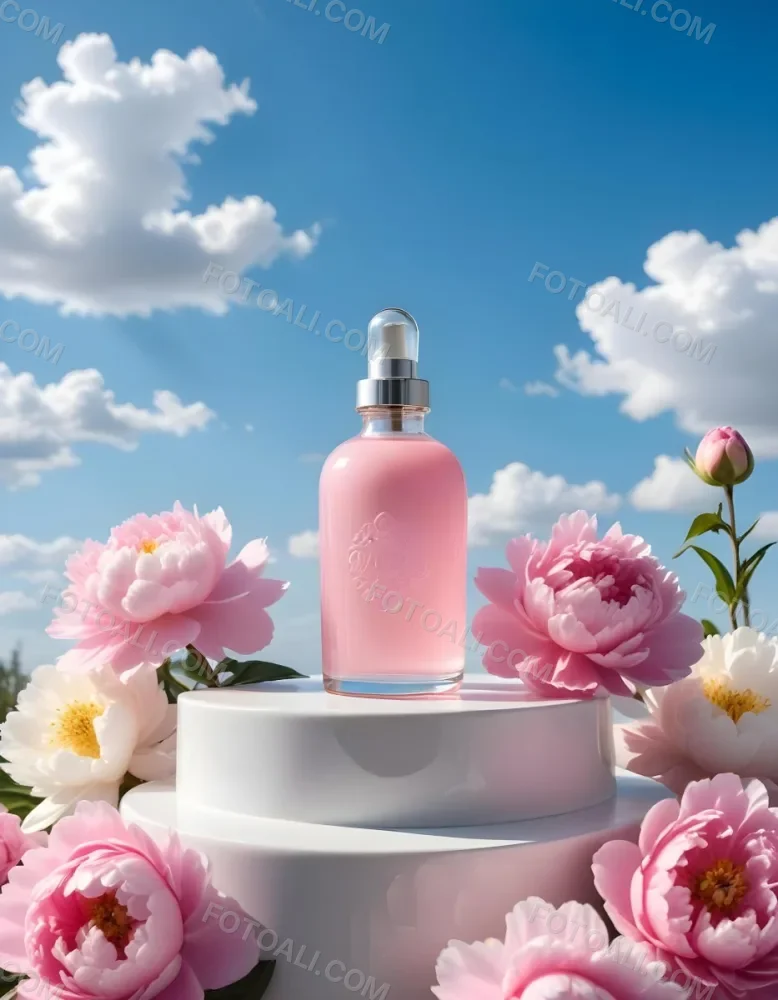 A Pink Glass Bottle With A Dropper Sits On A White Pedestal Surrounded By Pink Peonies Against A Blue Sky With Fluffy White Clouds 3 D13e