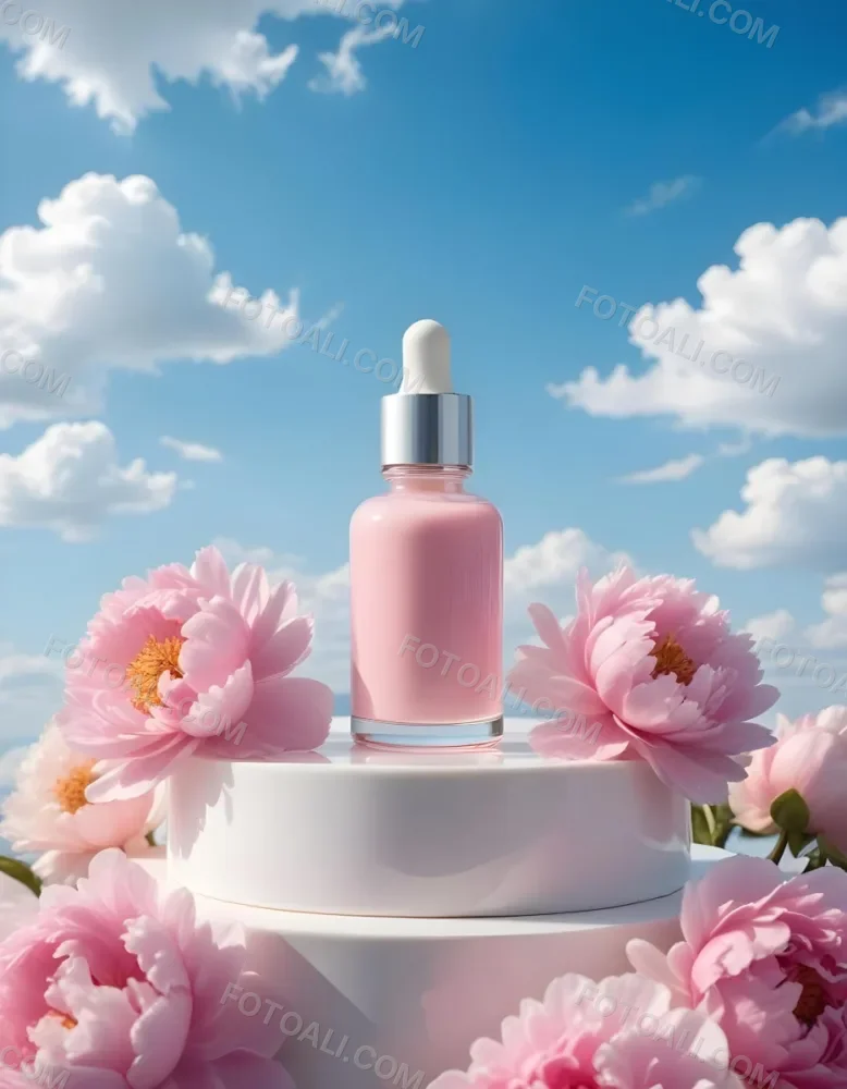 A Pink Glass Bottle With A Dropper Sits On A White Pedestal Surrounded By Pink Peonies Against A Blue Sky With Fluffy White Clouds 37 11ed