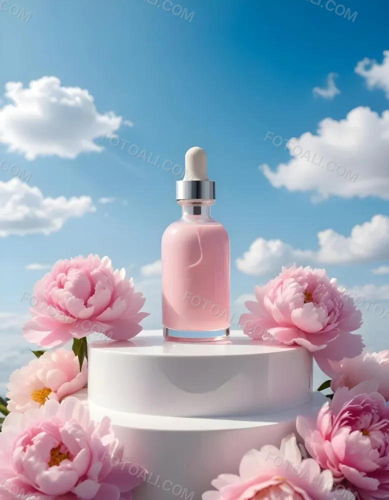 A Pink Glass Bottle With A Dropper Sits On A White Pedestal Surrounded By Pink Peonies Against A Blue Sky With Fluffy White Clouds 39 Cb3d