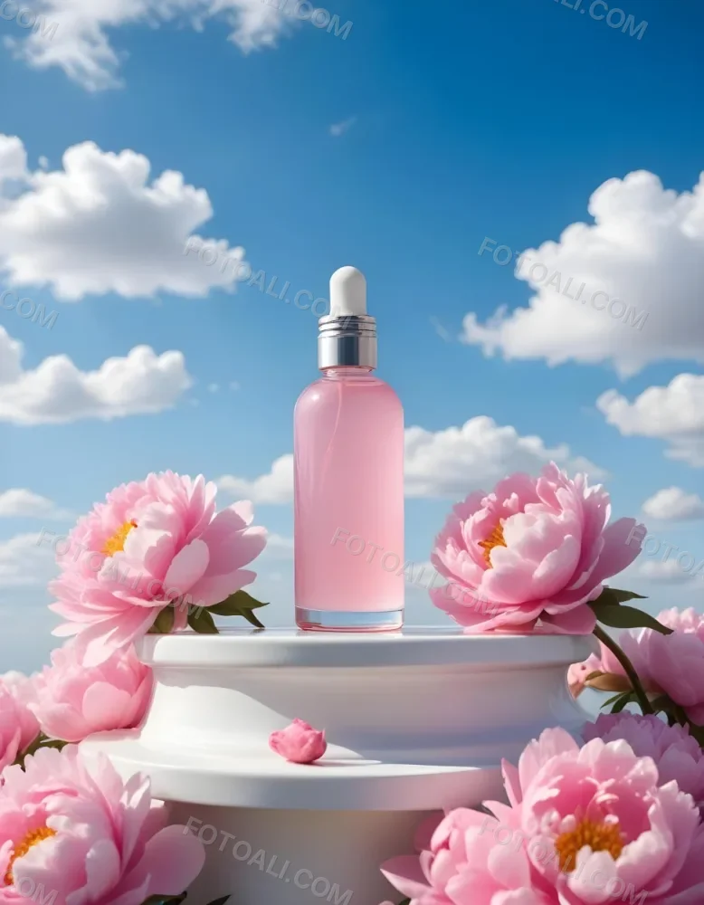 A Pink Glass Bottle With A Dropper Sits On A White Pedestal Surrounded By Pink Peonies Against A Blue Sky With Fluffy White Clouds 42 5a1c