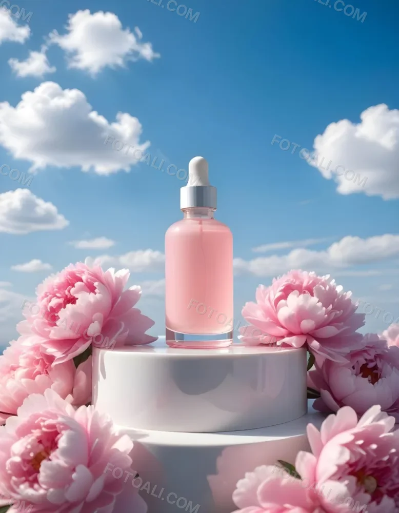 A Pink Glass Bottle With A Dropper Sits On A White Pedestal Surrounded By Pink Peonies Against A Blue Sky With Fluffy White Clouds 52 3643
