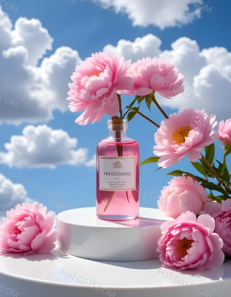 A Pink Glass Bottle With A Dropper Sits On A White Pedestal Surrounded By Pink Peonies Against A Blue Sky With Fluffy White Clouds 54 Aa92