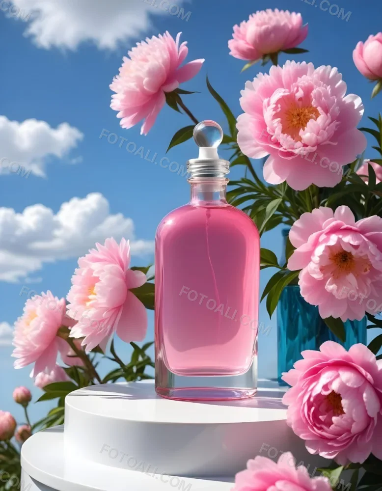 A Pink Glass Bottle With A Dropper Sits On A White Pedestal Surrounded By Pink Peonies Against A Blue Sky With Fluffy White Clouds 55 5bd2