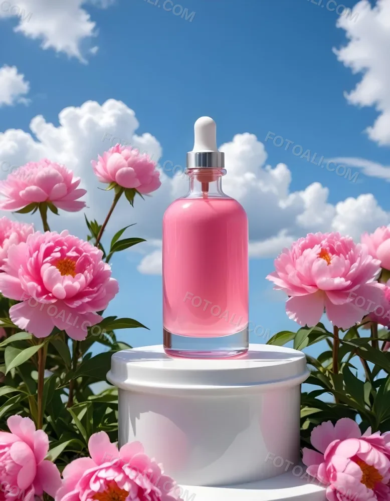 A Pink Glass Bottle With A Dropper Sits On A White Pedestal Surrounded By Pink Peonies Against A Blue Sky With Fluffy White Clouds 56 8459