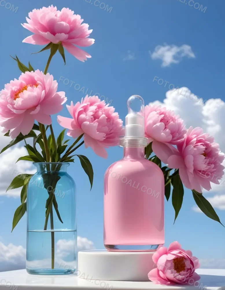 A Pink Glass Bottle With A Dropper Sits On A White Pedestal Surrounded By Pink Peonies Against A Blue Sky With Fluffy White Clouds 57 C766