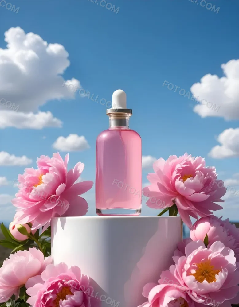 A Pink Glass Bottle With A Dropper Sits On A White Pedestal Surrounded By Pink Peonies Against A Blue Sky With Fluffy White Clouds 59 5153
