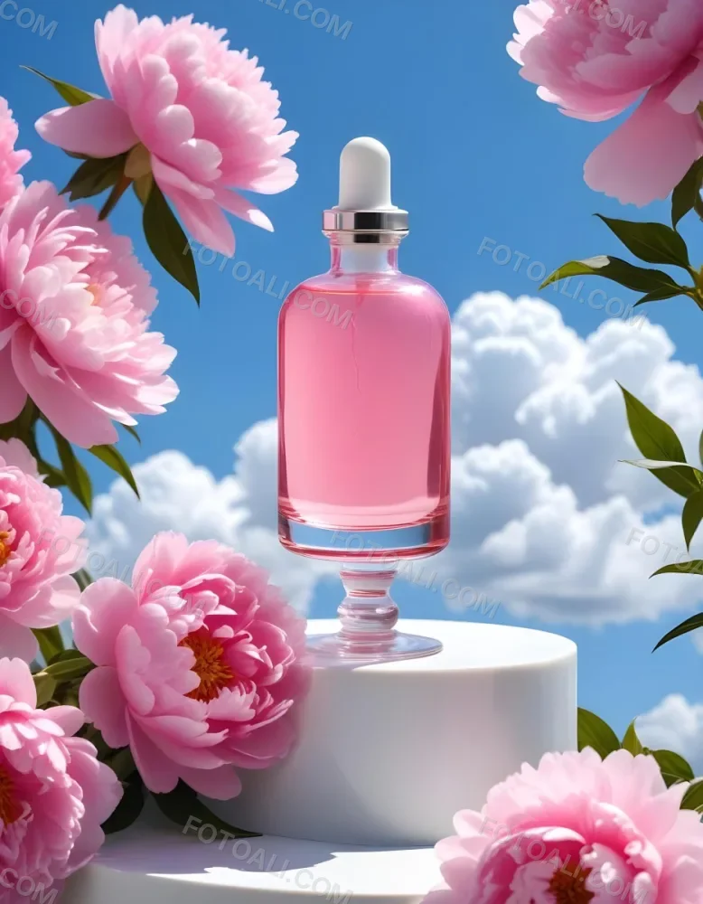 A Pink Glass Bottle With A Dropper Sits On A White Pedestal Surrounded By Pink Peonies Against A Blue Sky With Fluffy White Clouds 6 C93f