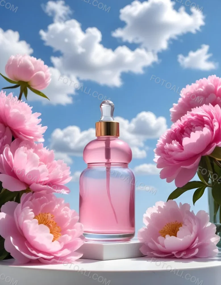 A Pink Glass Bottle With A Dropper Sits On A White Pedestal Surrounded By Pink Peonies Against A Blue Sky With Fluffy White Clouds 60 B2cf