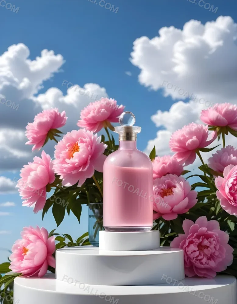 A Pink Glass Bottle With A Dropper Sits On A White Pedestal Surrounded By Pink Peonies Against A Blue Sky With Fluffy White Clouds 8 Da34