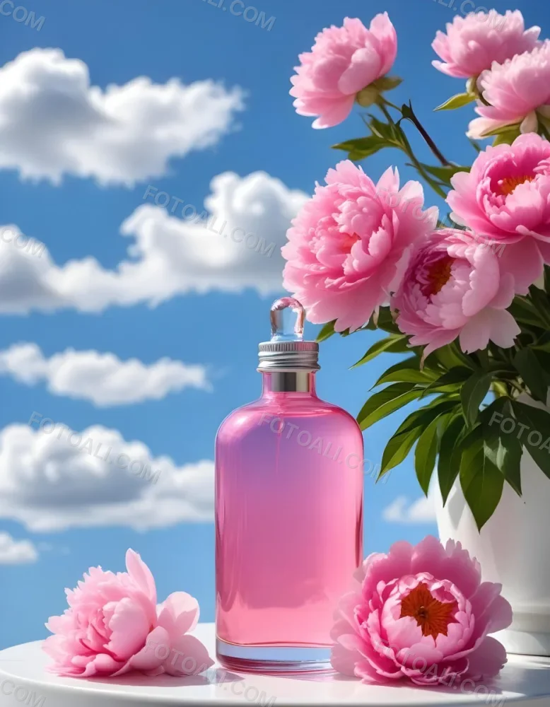 A Pink Glass Bottle With A Dropper Sits On A White Pedestal Surrounded By Pink Peonies Against A Blue Sky With Fluffy White Clouds 9 9071