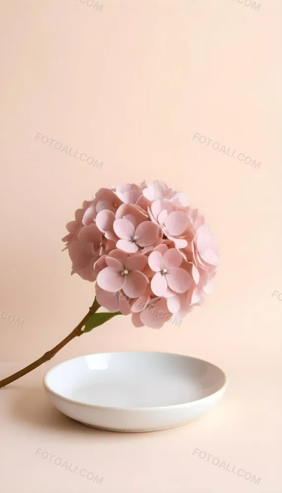A Pink Hydrangea Flower On A White Stem With A White Plate In The Foreground Against A Light Peach Background 16 E94f
