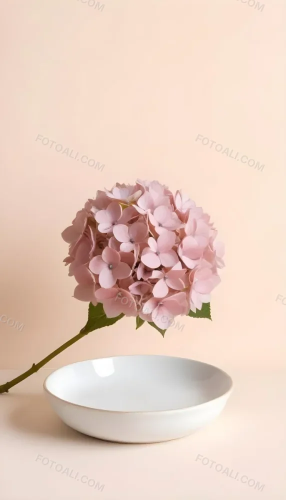 A Pink Hydrangea Flower On A White Stem With A White Plate In The Foreground Against A Light Peach Background 19 9e0b