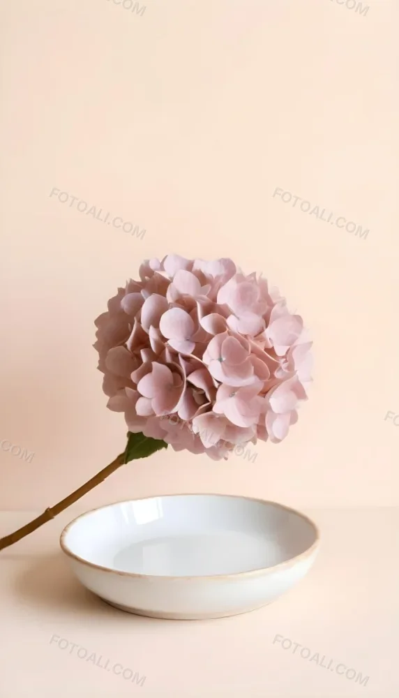 A Pink Hydrangea Flower On A White Stem With A White Plate In The Foreground Against A Light Peach Background 25 8bd3