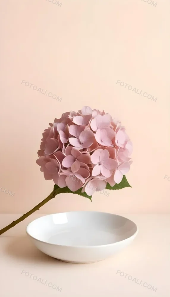 A Pink Hydrangea Flower On A White Stem With A White Plate In The Foreground Against A Light Peach Background 28 A07d