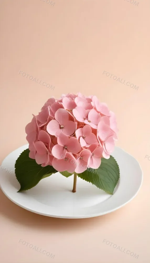 A Pink Hydrangea Flower On A White Stem With A White Plate In The Foreground Against A Light Peach Background 29 Ae1b